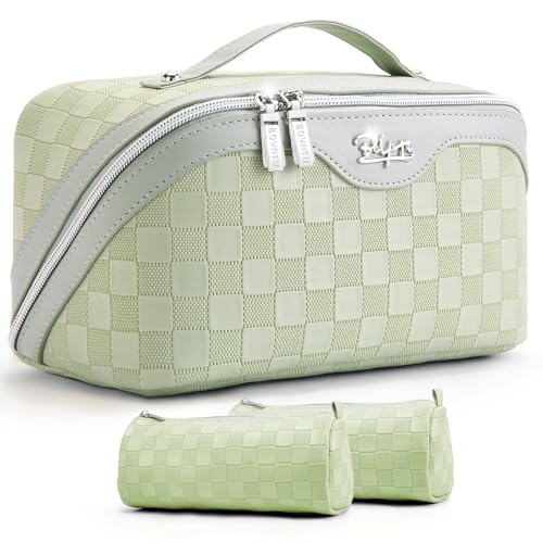 BOYATU Travel Makeup Bag Organizer: 3 Pcs Set Large Capacity Cosmetic Bags Holds 10–20 100ml Full-Size Bottles - 180°Open-Flat Make up Case 3-sec touch-up - Toiletry Bag Gift women (01-D-Green) - color: 01-D-Green