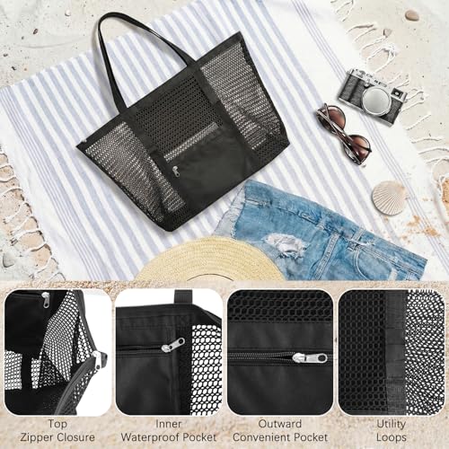 Dntorx Women's Mesh Beach Bag, Stylish Beach Tote for Swimming, Travel & Vacation Essentials, Lightweight Design for Poolside - color: Black