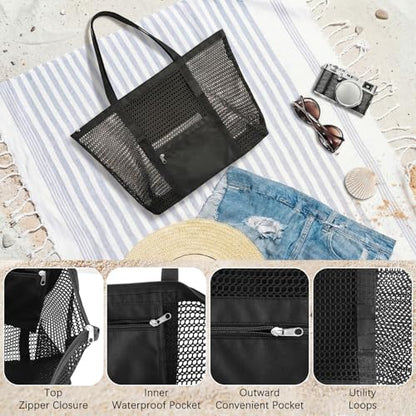 Dntorx Women's Mesh Beach Bag, Stylish Beach Tote for Swimming, Travel & Vacation Essentials, Lightweight Design for Poolside - color: Black