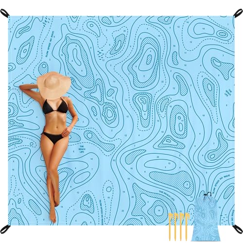Beach Blanket Waterproof Sandproof, 78”x 86” Large Sand Free Beach Mat with 4 Stakes & Portable Bag, Big Flodable Compact Outdoor Pockets Picnic Blanket - color: Blue Coastline, size: 6.5x7.2 FT (1～4 person)