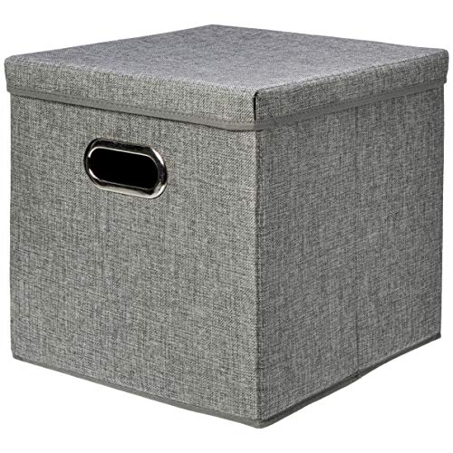 Amazon Basics Foldable Burlap Cloth Cube Storage Bins with Lid, Collapsible Organizing Containers, Stackable and Sturdy, Gray, Set of 2