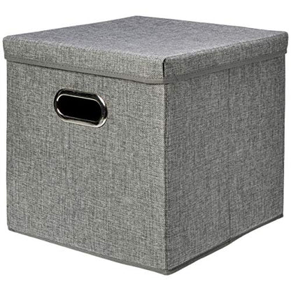 Amazon Basics Foldable Burlap Cloth Cube Storage Bins with Lid, Collapsible Organizing Containers, Stackable and Sturdy, Gray, Set of 2