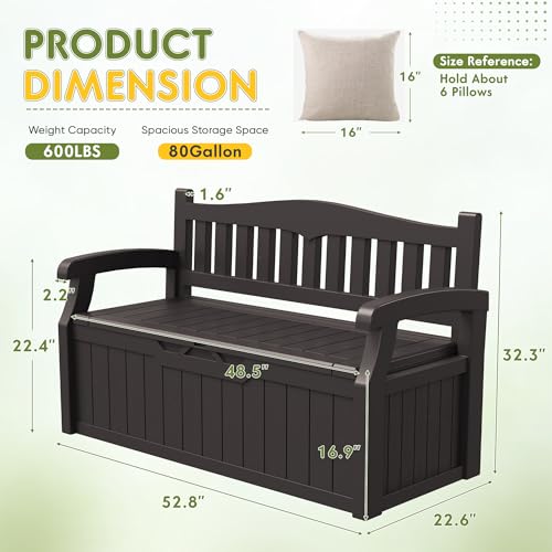 Greesum 80 Gallon Storage Bench Outdoor Deck Box with Armrest, Patio Furniture,Lockable, Waterproof and UV Resistant, Suitable for Garden, Pool, Brown - color: Brown, style: 80 Gallon