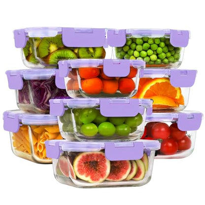 HOMBERKING Glass Food Storage Containers with Lids, 18 Piece Meal Prep Containers, Airtight Lunch Bento Boxes, BPA-Free & Leak Proof (9 Lids & 9 Containers) - Purple - color: Purple