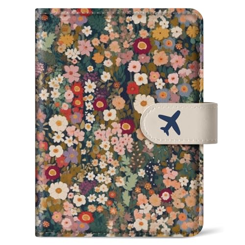 Passport Holder for Travel Essentials, RFID Blocking Leather Cover Wallet with Magnetic Closure, Aesthetic & Cute Passport Book Case for Women and Men - Flower - color: B.Flower