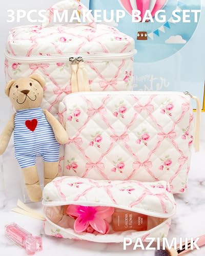 PAZIMIIK 3PCS Makeup Bag SET Large Travel Quilted Zipper Soft Cosmetic Case Pouch for Women Girls Make Up,Bow Rose - color: Bow Rose, size: 3 PCS SET