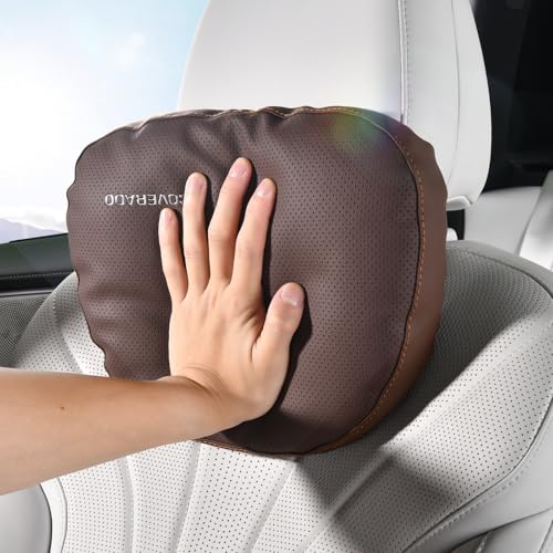Coverado Leather Car Headrest Pillow Car Neck Pillow with Adjustable Strap, Head Support Rest Driver Relax Head Muscles Relieve Driving Fatigue, Breathable & Removable Cover, Coffee - color: Coffee, size: 1 Piece