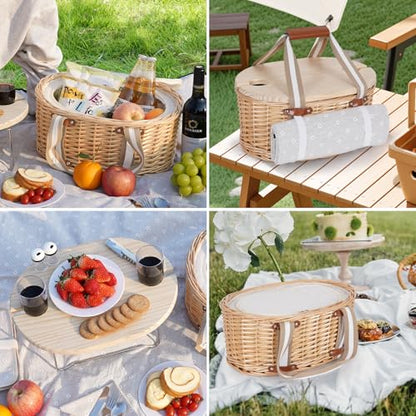 Picnic Basket Set for 2 - Wicker Insulated Picnic Basket with Waterproof Blanket, Folding Wine Picnic Table & Cutlery Kits, Picnic Baskets Kit for Camping, Outdoor, Valentine (White Flower)