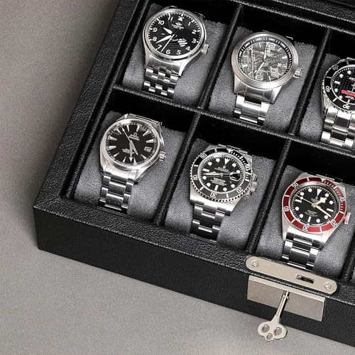ROTHWELL 10 Slot Leather Watch Box - Luxury Case Display Jewelry Organizer - Locking Watch Display Case Holder with Large Glass Top - Box Organizer for Men and Women (Black/Grey) - color: Black / Grey