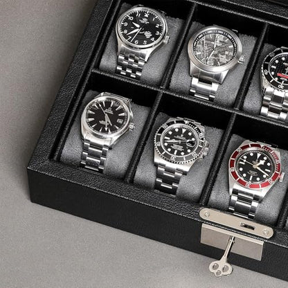 ROTHWELL 10 Slot Leather Watch Box - Luxury Case Display Jewelry Organizer - Locking Watch Display Case Holder with Large Glass Top - Box Organizer for Men and Women (Black/Grey) - color: Black / Grey