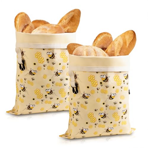 2 Pack Beeswax Bread Bags for Sourdough, Reusable Cotton Linen Bread Storage Bags for Homemade Bread, XL 17'' x 13'', Roll-Up Closure, Freezer Safe - color: Regular Buckle