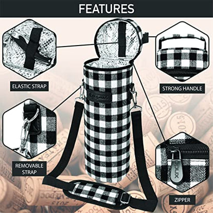 opux Wine Bag Single Bottle Carrier Tote, Insulated Wine Cooler Bag for Travel Picnic Beach with Shoulder Strap, Thermal One Bottle Holder Carrying Case Wine Gift for Women Men, Plaid Buffalo White - color: Buffalo Plaid White