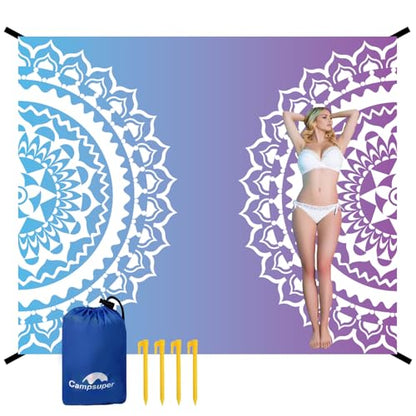 Beach Blanket Waterproof Sandproof Oversized 95”x 80”,Sand Free Beach Mat with Corner Pockets,Portable Mesh Bag for Beach Festival,Picnic,Travel and Outdoor Camping (Gradient Semicircle)