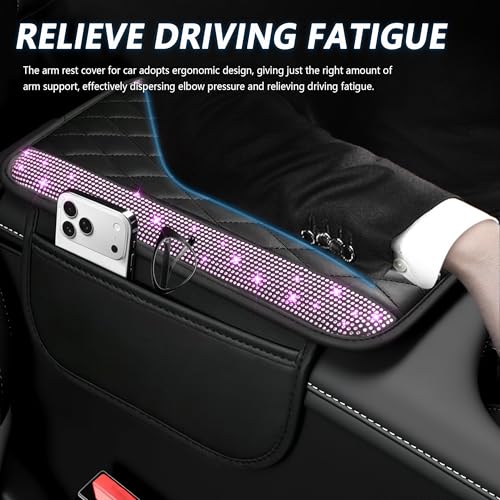 Stacool Upgraded Car Center Console Cover with Rhinestones,Microfiber Leather Car Armrest Cover Cushion with 2 Storage Bags,Universal Cars Armrest Storage Box as Cars Interior Accessories - color: Upgraded Diamond - Bling Pink