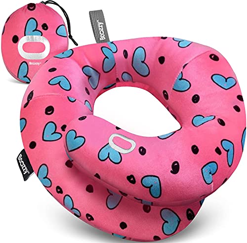 BCOZZY Kids Travel Neck Pillow (3-7 Y/O)- Patented Soft Toddler Pillow for Head & Chin Support in Car Seat, Airplane, and Road Trip Sleeping. Adjustable Size. Fully Washable. Carry Bag. Small, Hearts - color: Pink Hearts, size: Small (Kids 3-7 Y/O)