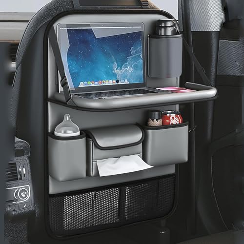 2 Pack Leather Car Backseat Organizer with Foldable Table Tray, Universal Car Seat Back Protector Kick Mat with Touchscreen Tablet Holder, Storage Pockets, Cup Holders & Tissue Holder, Black - color: Gray