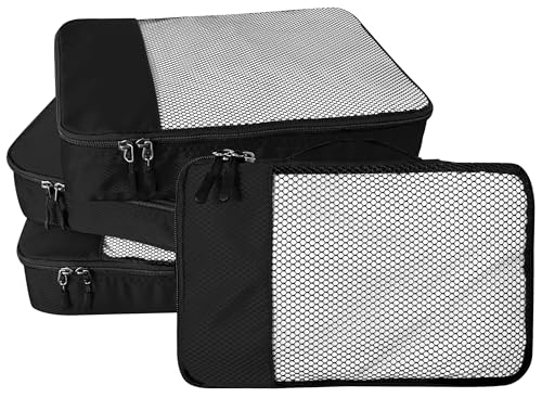 WTREE 4-Piece Packing Cubes Travel Accessories Set for Suitcases - Luggage Organizer Bags with Double Zipper - Mesh Top - Large - Black - color: Black, size: Large