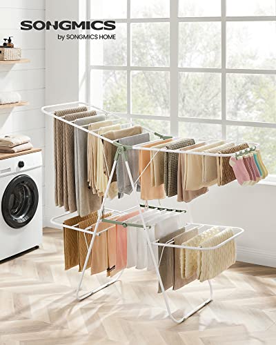 SONGMICS Clothes Drying Rack, Foldable 2-Level Laundry Drying Rack, Free-Standing Laundry Airer, with Height-Adjustable Wings, 33 Drying Rails, Sock Clips, White and Green ULLR053C01V1 - color: White + Green, size: 2 Tiers（22"d x 61.8"w x 64.3''h )