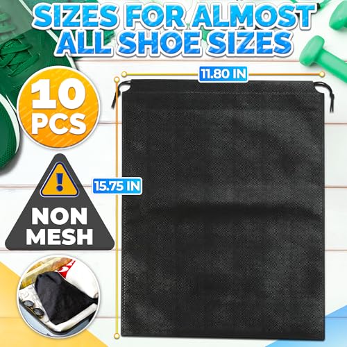 10 Pack Travel Shoe Backpack Set – Non-Mesh Solid 11.8"x15.75" Waterproof Drawstring Shoe Bags for Travel, Clothes, or Wet Gear – Lightweight Storage Organizer and Packing Essential for Women & Men - style: 10Pcs, Full Black, M Size