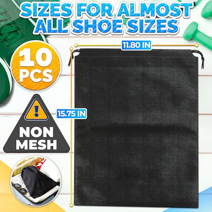 10 Pack Travel Shoe Backpack Set – Non-Mesh Solid 11.8"x15.75" Waterproof Drawstring Shoe Bags for Travel, Clothes, or Wet Gear – Lightweight Storage Organizer and Packing Essential for Women & Men - style: 10Pcs, Full Black, M Size