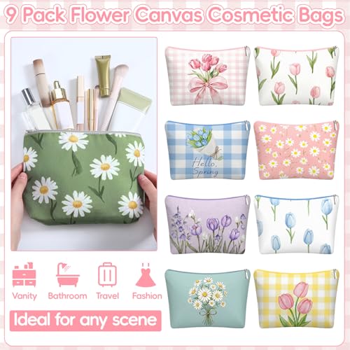 Sanwuta 9 Pcs Flower Canvas Makeup Bags Bulk Floral Cosmetic Bags 8.7" x 6" Spring Daisy Tulip Toiletry Pouch Small Cute Travel Purse with Zipper Portable Organizer Mother Day Gift for Women Friend - style: Spring Flower