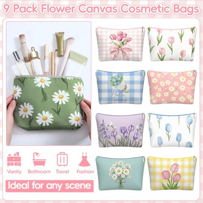 Sanwuta 9 Pcs Flower Canvas Makeup Bags Bulk Floral Cosmetic Bags 8.7" x 6" Spring Daisy Tulip Toiletry Pouch Small Cute Travel Purse with Zipper Portable Organizer Mother Day Gift for Women Friend - style: Spring Flower