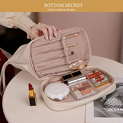 Abiudeng Large Capacity Makeup Bag Ladies Cosmetic Bag Travel Bag with Compartments Portable PU Leather Travel Makeup Bag with Handle - color: White