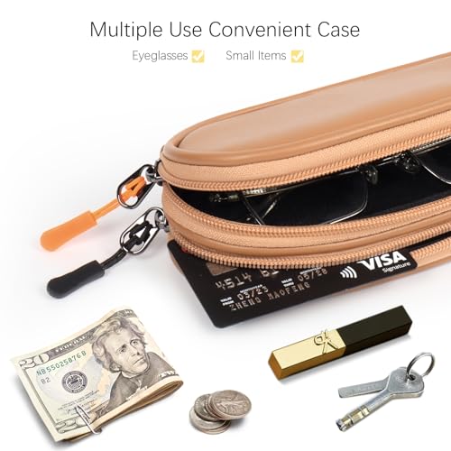 Double Eyeglasses Case Soft Portable Zipper Sunglasses Pouch with Keychain Clip for Men Women - color: Brown Pu