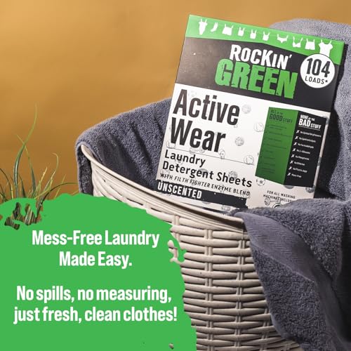 Rockin' Green Active Wear Travel Laundry Detergent Sheets Unscented - Mess-Free Laundry Sheets Detergent with Sodium Bicarbonate - Easily Dissolvable Laundry Soap for Traveling (104 Loads) - size: 104 Loads