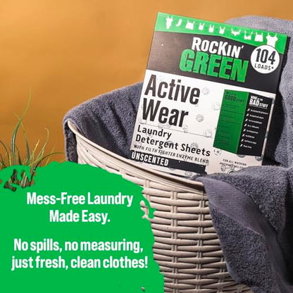 Rockin' Green Active Wear Travel Laundry Detergent Sheets Unscented - Mess-Free Laundry Sheets Detergent with Sodium Bicarbonate - Easily Dissolvable Laundry Soap for Traveling (104 Loads) - size: 104 Loads