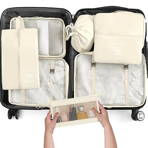 KPX 8 Set Packing Cubes for Travel, Luggage Packing Organizers Accessories Large Toiletries Bag for Clothes Shoes Cosmetics (Beige) - color: 8Set-Beige
