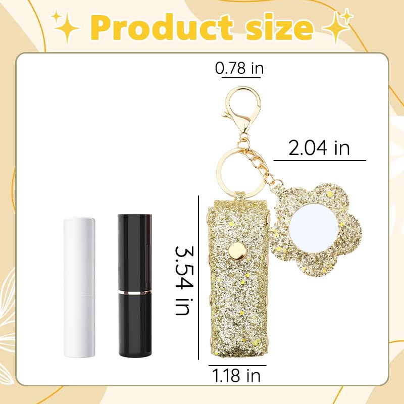 Sisadodo Glitter Lip Oil Holder Key Chains for Woman Lipstick Case with Mirror Lip Balm Keychain for Lipstick Case Keychain - color: Gold-flower