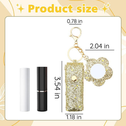 Sisadodo Glitter Lip Oil Holder Key Chains for Woman Lipstick Case with Mirror Lip Balm Keychain for Lipstick Case Keychain - color: Gold-flower