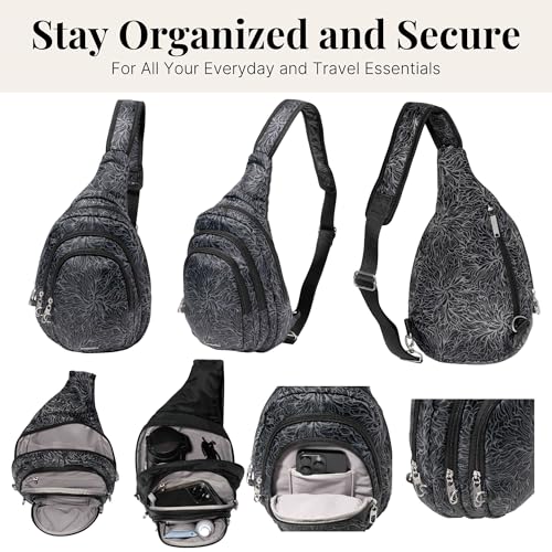 Baggallini Securtex® Anti-Theft Multi Zip Sling - Lightweight 8.6"x15.2" Travel Bag with Locking Zippers & RFID Protection - color: Midnight Blossom