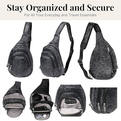 Baggallini Securtex® Anti-Theft Multi Zip Sling - Lightweight 8.6"x15.2" Travel Bag with Locking Zippers & RFID Protection - color: Midnight Blossom