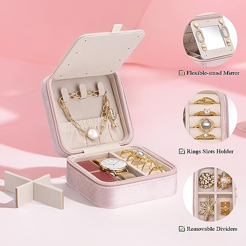 VLANDO Small Travel Jewelry Box Organizer Display Case for Rings Earrings Necklaces Storage, Selected Soft Velvet, Letter A Engraved, Pink - color: b. Powder Pink A