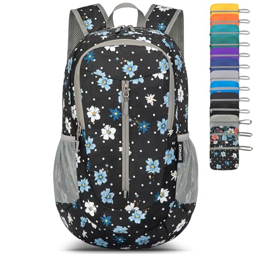 ZOMAKE Ultra Lightweight Packable Backpack 25L - Foldable Hiking Backpacks Water Resistant Small Folding Daypack for Travel(Black,Floral pattern) - color: Black,floral Pattern