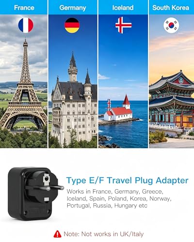 Type E/F Europe Travel Plug Adapter, HANYCONY US to Germany France Spain South Korea Iceland, 5-in-1 European Power Adapter for Greece Norway Russia Portugal & More, 2 Outlets 3 USB Ports(2 USB C) - style: Type E/F - Germany France(Black)