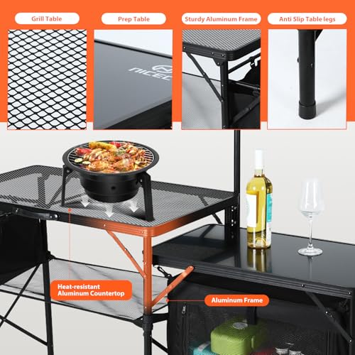 Nice C Camping Kitchen Table, Portable Folding Camp Cook Station, Storage Organizer, with Light Poles, Storage, Side Bag, Side Hooks, for Outdoor, Picnic, Beach, RV Traveling (Black)