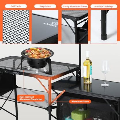 Nice C Camping Kitchen Table, Portable Folding Camp Cook Station, Storage Organizer, with Light Poles, Storage, Side Bag, Side Hooks, for Outdoor, Picnic, Beach, RV Traveling (Black)