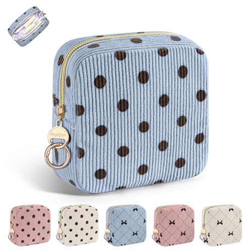 Period Bag for Teen Girls, Corduroy Cute Sanitary Napkin Storage Bag, Menstrual Pad Pouches Tampon Holder for Purse (Blue-Polka Dots) - color: Dots-blue