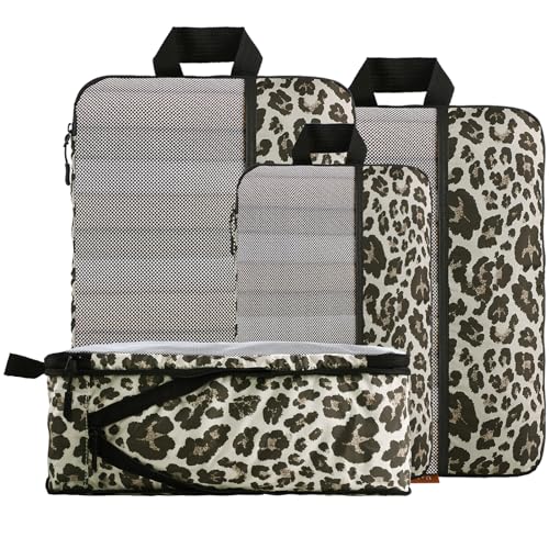 U+U 4 Set Compression Packing Cubes - Ultralight Travel Organizers, Space-Saving Suitcase Organizer, Expandable Packing Organizers for Travel Essentials (Leopard) - color: Leopard-02, size: 4 Set