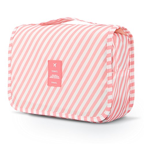 Mossio Hanging Toiletry Bag - Large Cosmetic Makeup Travel Organizer for Men & Women with Sturdy Hook - color: Pink Striped