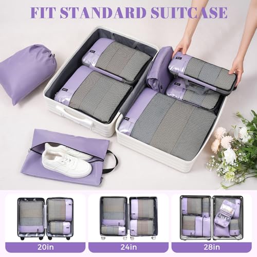 BAGAIL 4 Set/6 Set/8 Set Compression Packing Cubes Travel Accessories Expandable Packing Organizers(HalfMesh,8-Dusty Purple) - color: 8-Dusty Purple, style: Half Mesh