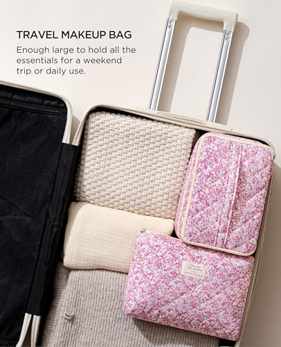 HBselect 2Pcs Travel Makeup Bag, Large Cotton Quilted Makeup Bag Cosmetic Bag Cute Make up Bag Toiletry Bags for Women Girls - color: 2PCS-FLOWER5