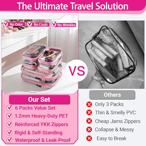 6 Pack Pink Clear Hard Shell Beauty Organizer (2M+4S), 1.2mm Heavy Duty Crush-Proof Cosmetic Case, Reinforced YKK Zippers, Stadium Approved Security Bag for Skincare & Electronics, Multi-Size Set - color: Pink, size: 6 Pack (2M+4S)