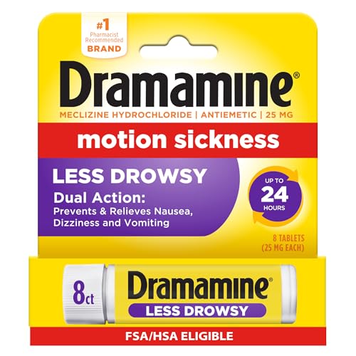 Dramamine Motion Sickness Less Drowsy, Travel Vial, Multicolor, 8 Count - size: 8 Count (Pack of 1)