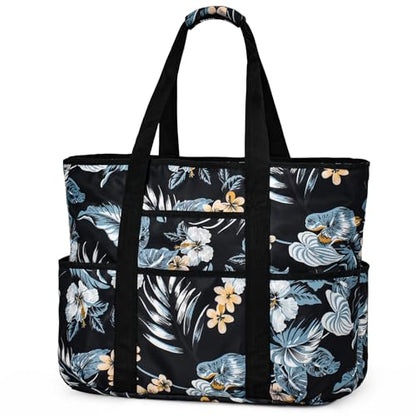 Becokan Beach Bags for Women Large Beach Tote Bag with Zipper Pockets Beach Bag Waterproof Sandproof Travel Nurse Tote Bag - color: Black Flowers