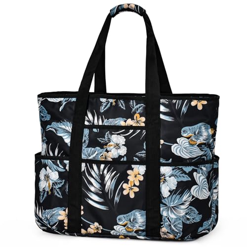 Becokan Beach Bags for Women Large Beach Tote Bag with Zipper Pockets Beach Bag Waterproof Sandproof Travel Nurse Tote Bag - color: Black Flowers