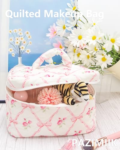 PAZIMIIK Quilted Makeup Bag Large Travel Zipper Soft Cosmetic Case for Women Girls Make Up,Bow Rose - color: Bow Rose, size: 1 PCS Bag